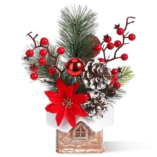 Small Christmas Tree Tabletop Artificial Mini Christmas Tree Decorations with Holiday Ornaments Red Berry Pine Cone Greenery for Home Indoor Fireplace Mantel Xmas Decor (Cabin-Red Flowers) - Image 1