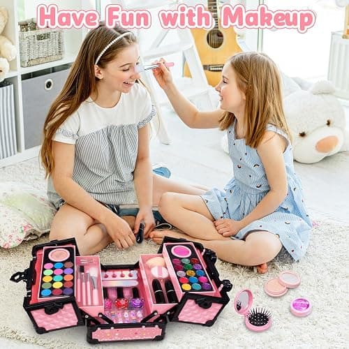 Hollyhi 59Pcs Kids Makeup Kit for Girl, Washable Play Makeup Toys Set for Dress Up, Beauty Vanity Set with Cosmetic Case Birthday Toys for Girls 3 4 5 6 7 8 9 10 11 12 Year Old Kids Toddlers ( Pink ) thumbnail 2