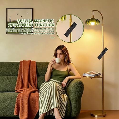 WELAISA Glass Floor Lamp with Table and Shelves, Gold | Remote Dimmable, Boho Brass Tall Lamp, Vintage Farmhouse Arc, Green Flower Design thumbnail 2