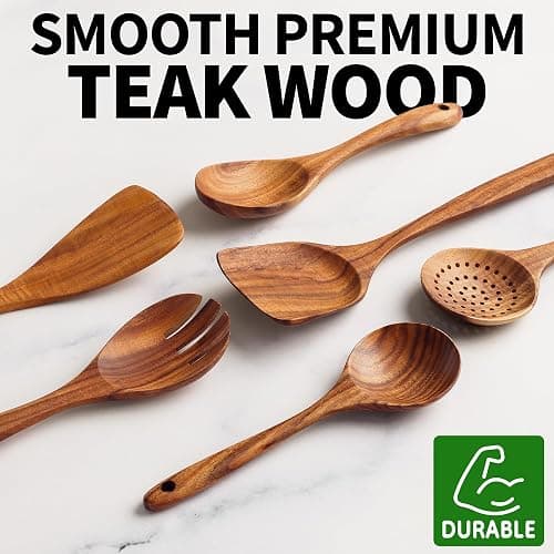 Zulay Kitchen 6-Piece Wooden Cooking Spoons Set – Heat-Resistant, Smooth Teak Utensils with Comfort Grip – Lightweight & Durable – Easy to Clean, Perfect for Non-Stick Cookware thumbnail 3