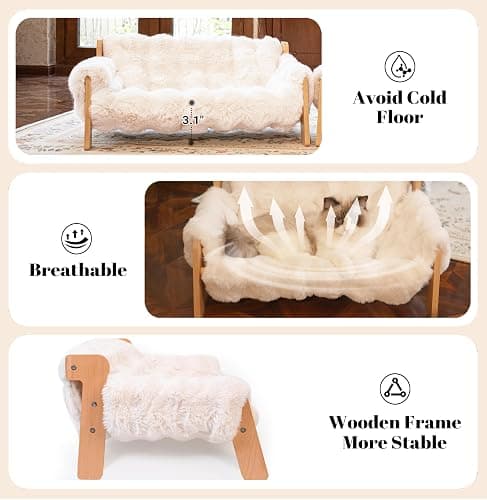 CHEERHOME PETS Elevated Cat Couch Bed for Indoor Cats, Wooden Cat Sofa with Removable Washable Fluffy Cover Raised Kitty Lounge Chair Suitable for Puppy(Cat Sofa Off-White) thumbnail 4