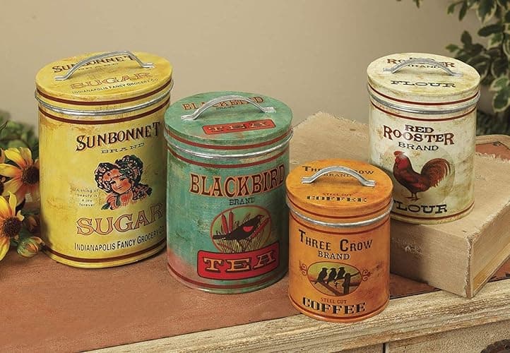 Set of 4 Large Vintage Antique Style Round Metal Nesting Kitchen Canisters with Lids Sugar Tea Coffee and Flour thumbnail 2