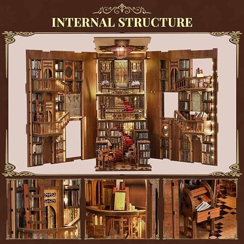 CCCDF Book Nook Library Kit, DIY Miniature Dollhouse Booknook Kit, 3D Wooden Puzzle Bookend Bookshelf with LED Light for Adults Teens (Abbey Library) thumbnail 5