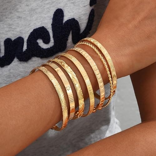 ÌF ME Gold Bangle Bracelets for Women, Indian Bangles Stackable Set, Multi Layer Textured 14K Gold Plated Chunky Bracelets Boho Jewelrys Set thumbnail 2