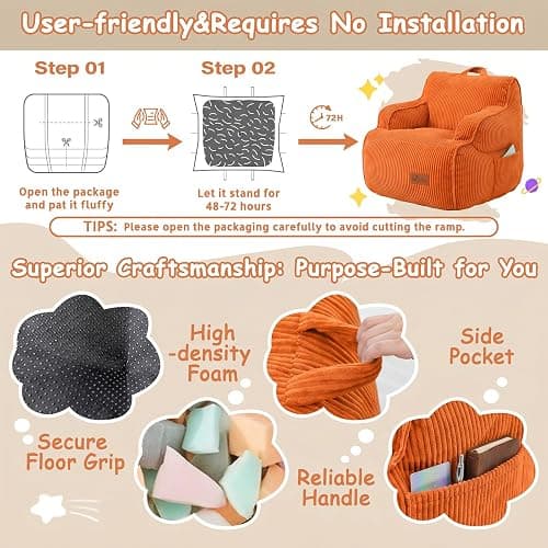 UODERS Bean Bag Chairs for Kids, Kids Bean Bag with Side Pocket-BurntOrange | Safe non-slip base, side pocket for toys, lightweight for girls & boys, breathable corduroy for all seasons, top handle thumbnail 5