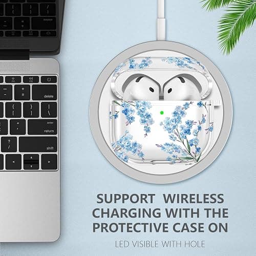 Case for AirPods 4 - Wonjury Clear Case Cover Floral Print Skin Women Girls Keychain Cleaner Tool for Apple Airpods 4th 2024 - Flower Blue thumbnail 3