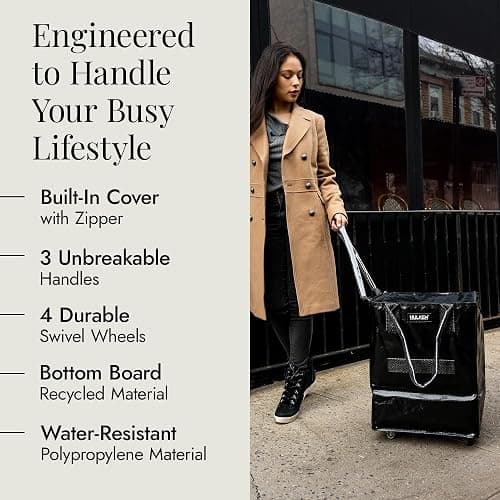 (Medium, Black) Reusable Grocery Bag On Wheels, Shopping Trolley, Rolling Tote, Zipper Closure, Lightweight, Carries Up to 66 lb, Folds Flat, Unbreakable Handles thumbnail 5