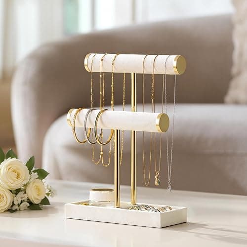 bussdis 2 Tier Bracelet Holder Display - Detachable T Bar Beige Velvet Bracelet Holder, Jewelry Holder Organizer for Bracelet, Necklace, Earrings, Rings thumbnail 4