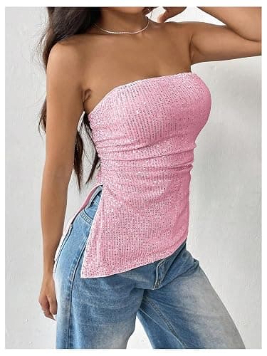 SOLY HUX Women's Sequin Tube Tops Sparkly Strapless Sleeveless Bandeau Split Asymmetric Hem Top Party Clubwear thumbnail 3