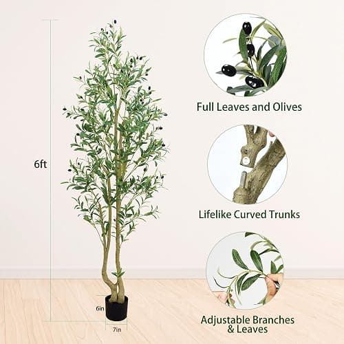 HZXGCP Olive Tree Artificial Indoor, 6ft, Green, Bendable Branches, Realistic Fruits, Easy Assembly, Low Maintenance - Multi-pole Olive Tree - 6ft thumbnail 2