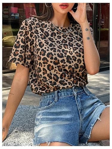 RoseSeek Women's Y2k Cheetah Print Top Leopard Print Tops Short Sleeve Loose Basic Animal Print Summer T Shirt thumbnail 3
