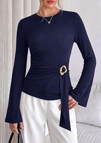 PRETTYGARDEN Asymmetrical Tops for Women Long Sleeve Top | Dressy Casual Blouses Shirts, Elegant Belted Peplum Tops for Going Out, Work, Business Casual Outfits, Fall Fashion Clothes thumbnail 8