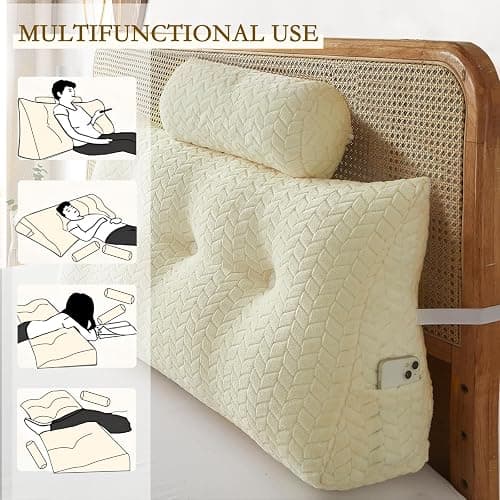 YOUR MOON Wedge Headboard Pillow Twin with 1 Pack Neck Roll Pillows, Triangular Wedge Backrest Pillow Headboard for Bed,Daybed,and Lounging, Large Bed Bolster Pillows,Off White thumbnail 5