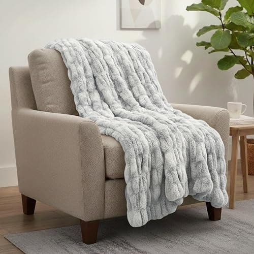 Lavish Home Oversized Ruched Blanket 60x80-Inch Jacquard Faux Fur Queen-Size Throw for Sofas Luxurious Bedding, Gray thumbnail 2