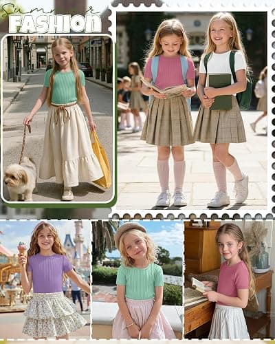 Oakgarden 4 Pack Girls T Shirts 5-14 Years Short Sleeve Ribbed Tops Crew Neck Slim Fit Summer Casual Cute Basic Tees for Kids thumbnail 5