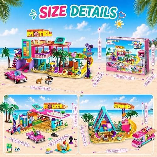 HOGOKIDS 3-in-1 Friends Motel Building Set with LED & Car for Girls Age 8+ | Foldable design with guest rooms, balcony, pool area, gas station and campsite for imaginative road-trip and vacation play thumbnail 9