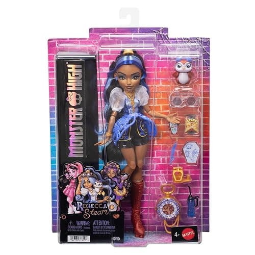 Monster High Poupée Robecca Steam avec chemisier bleu, short noir, pingouin de compagnie Capitaine Penny et 7 accessoires comme des lunettes d’aviateur, JMB81 thumbnail 6