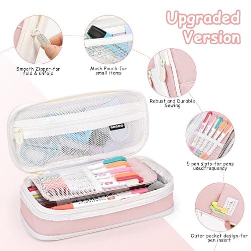 Mamowla Pencil Case for Girls, Big Capacity Large Pencil Case Pen Cases Portable Office Stationery Makeup Bag Pouch, Desk Organizer for School Boys Kids Teenage Adults Women Men(Pink) - Pink thumbnail 5
