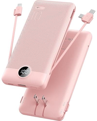 VRURC Portable Charger Built-in Cables and AC Wall Plug,USB C Power Bank 10000mAh, Travel Essentials Phone Charger Compact Lightweight External Battery Pack for Smart Phones, Tablets etc-Pink - Image 1