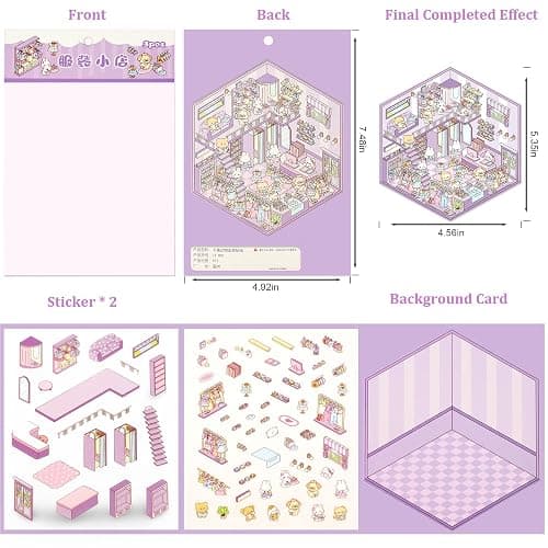 24 Sets 3D Sticker Scene, Sticker Therapy DIY, Kawaii 3D Stickers for Adults Girls Kids, Build Your Own Scene Stickers Collection Cozy Room Cute Miniature House Shop, Relief Stress Pass The Time thumbnail 3