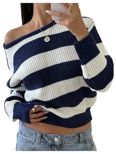 BEAUDRM Girl's Vintage Striped Sweater Long Sleeve Oversized Cute Pullovers Sweaters - Image 1
