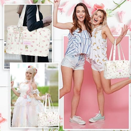 Yeyeplum Pink Coquette Bag White Floral Handbag Kawaii Handbag Coquette Bow Quilted Duffle Bag for Women Shoulder Purse with Bow Pearl Keychain for Christmas Gifts Business Travel Trip thumbnail 5