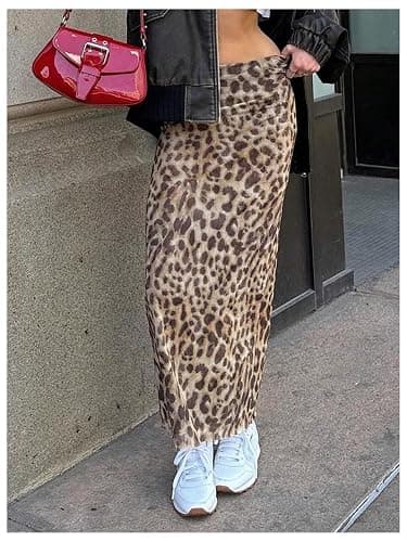 BEAUDRM Women's Y2K Leopard Print Skirts Ruched Side Slit Maxi Skirt Mesh Sheer High Waisted Long Skirt Cheetah Bodycon Skirt thumbnail 5