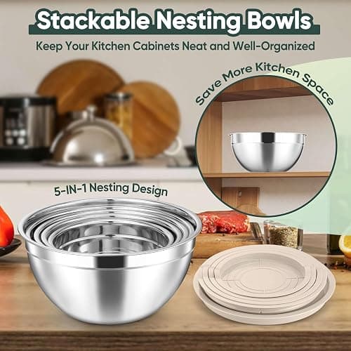Herogo 5-Piece Mixing Bowls with Lids, 3 Grater Attachments, Stainless Steel Salad Bowls for Kitchen, Size 4.6, 3.5, 2.5, 2, 1.5QT Ideal for Baking, Prepping, Mixing and Serving, Khaki thumbnail 4
