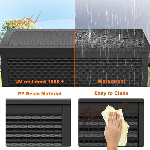 PatioZen 320 Gallon Resin Deck Box, Lockable Patio Outdoor Storage Box for Furniture, Garden Tools and Tools Storage, Waterproof Outside Storage Boxes - Black thumbnail 5