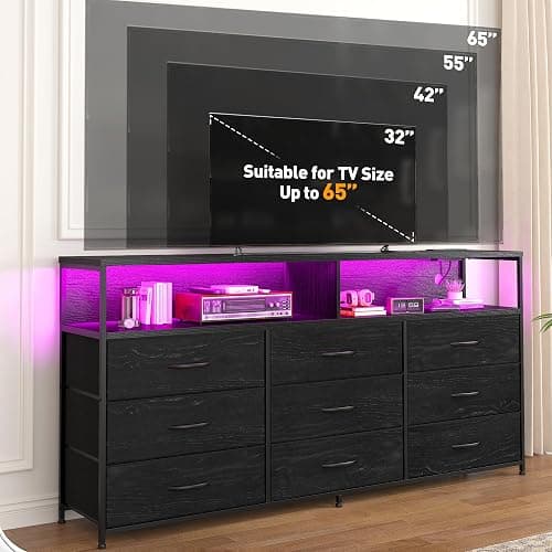 55” W Black Dresser for Bedroom with Charging Station & LED Light, 65/55/50 Inch TV Stand with 9 Fabric Drawers, Sturdy Chest of Drawers with 2 Wooden Open Shelves for Bedroom, Dorm, Living Room thumbnail 4