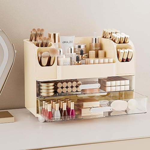 Delamu Large Makeup Organizer Countertop with 6 Brush Holders, Cream White | Vanity Organizer with 2 Drawers, Gift for Women & Girls, Holds Perfume, Skincare, Lipstick, Nail Polish & Hair Accessories thumbnail 2