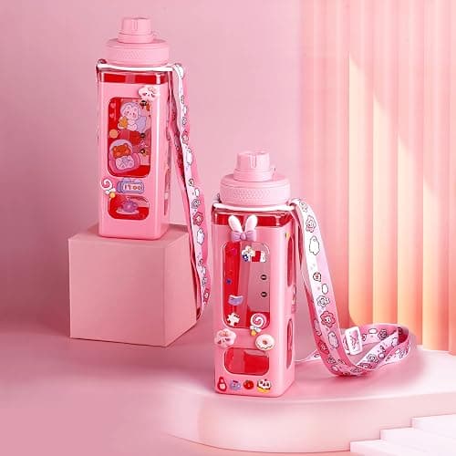 NEWSTYP Kawaii Bear Pastel Water Bottle With 3D Sticker 700ml Plastic Travel Tea Juice Milk Portable Cute Shaker Drink Bottle Gift (Pink) thumbnail 8