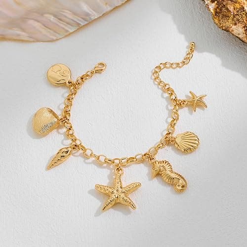 VEDAIM Gold Charm Bracelet for Women Boho Shell Starfish Bracelet Adjustable Summer Beach Ocean Statement Bracelets thumbnail 2