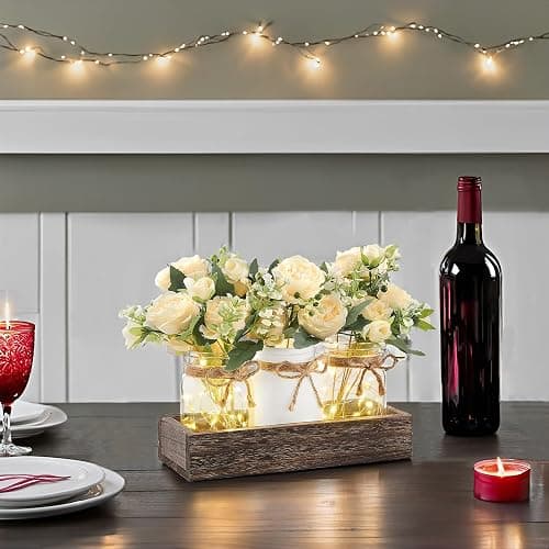 Mkono Mason Jar Lights Centerpiece Table Decor for Dining Room Farmhouse Wood Tray with 3 Jars Flowers Thanksgiving Decoration for Coffee Table Kitchen Living Room Wedding thumbnail 5