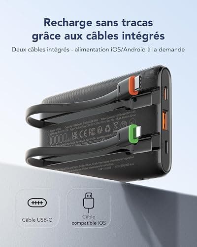 VEGER Batterie Externe 10000mah avec Câble Intégré, Power Bank Portable | 22.5W Charge Rapide, Fin Compact Chargeur USB C avec écran LED, 4 Sorties et 3 Entrées, Compatible avec iPhone Huawei Xiaomi thumbnail 2