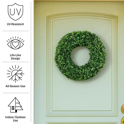 Pure Garden 19.5-Inch Boxwood Wreath - Round UV Resistant Artificial Spring, Summer, Fall, or Winter Wreath - Indoor/Outdoor Wreaths for Front Door thumbnail 6