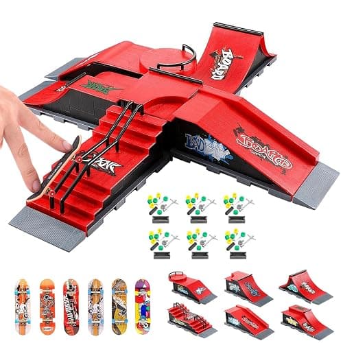 Finger Skateboards Ramp Set, 6 in 1 Fingerboard Skatepark Deck with 6 Skateboards 6 Fingerboard Ramps & Display Holder, Mini Finger Toy for Kids Adults Birthday Gift - Image 1