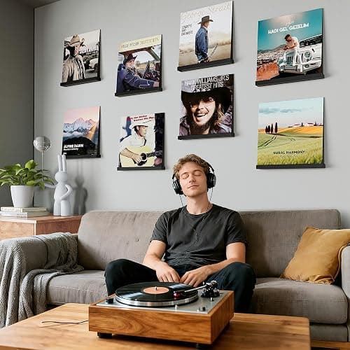 Emfogo Vinyl Record Shelf Wall Mount, 8 Pack Album Record Holder Wall, 12 inch Vinyl Record Storage Shelves Wall, Wood Record Display Black for Living Room thumbnail 7