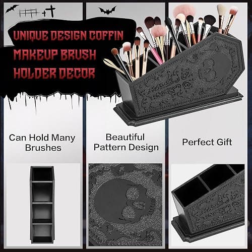 Gothic Coffin Decor Makeup Brush Holder,Spooky Witchy Gifts for Women,Skull Cosmetic Display Cases,Goth Decor Pen Holder, Vanity, Desk, Office Organizer for Christmas Bedroom Bathroom (Black) thumbnail 4