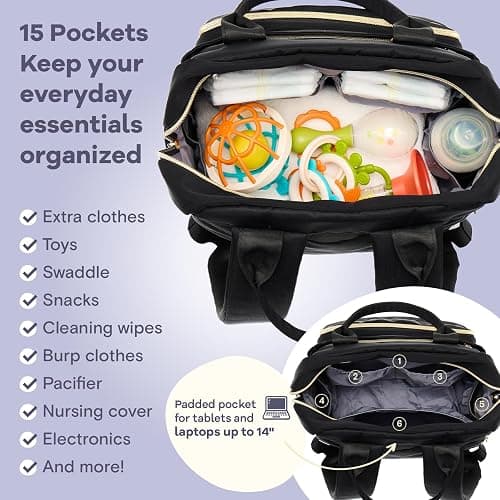 RUVALINO Diaper Bag Backpack, Multifunction Travel Pack Maternity Baby Changing Bags, Large Capacity, Waterproof, Deep Black, Polyester thumbnail 5