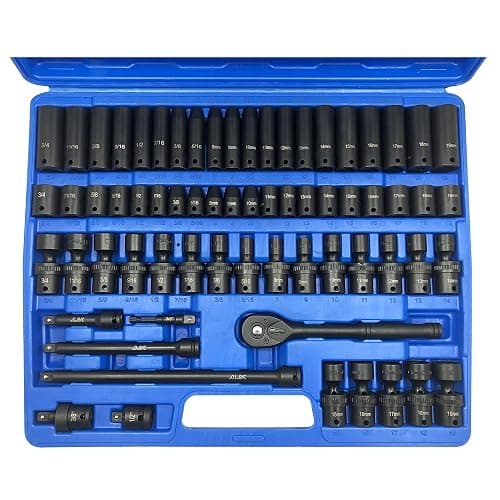 MacWork 67 Pieces 3/8“ Drive Impact Socket Set, SAE and Metric Sockets, CR-V & CR-Mo, Complete Socket Set with Shallow, Deep & Swivel Sockets, Includes Ratchet, Extension Bars & Adapters - Image 1