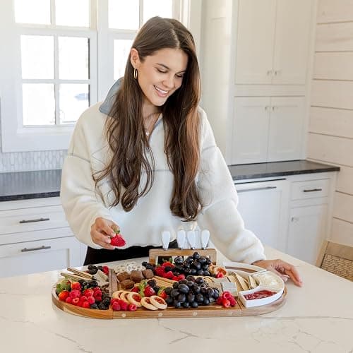 Elite Snacker Large Charcuterie Board Set, Acacia Wood, Natural Oil Finish | Magnetic 3-Piece Acacia Wood Design, Reshapes Circle Square Heart, Expands 13 to 26 In, 4 Knives, 3 Dishes, Rich Oiled Grain thumbnail 9