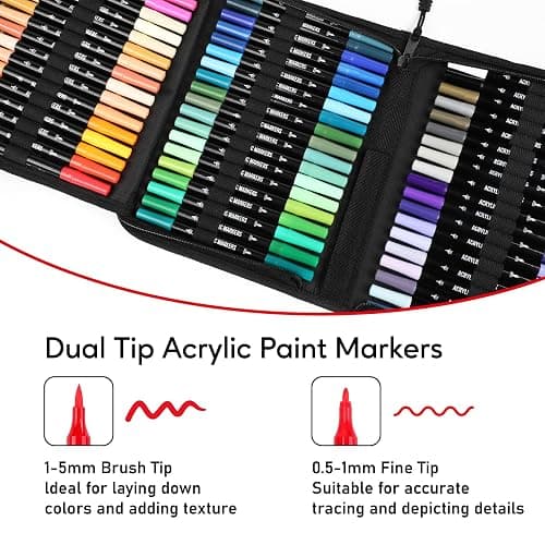 72 Colors Acrylic Paint Markers, Dual Tip with Fine Tip and Brush Tip Pens for Stone, Wood, Calligraphy, Canvas, Ceramic, Metal, Glass, Rock Painting, DIY Crafts Art Supplies Kit - 72 Color thumbnail 2