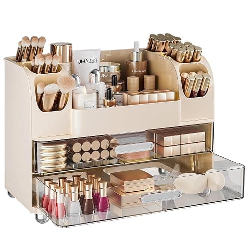 Delamu Large Makeup Organizer Countertop with 6 Brush Holders, Cream White | Vanity Organizer with 2 Drawers, Gift for Women & Girls, Holds Perfume, Skincare, Lipstick, Nail Polish & Hair Accessories - Image 1