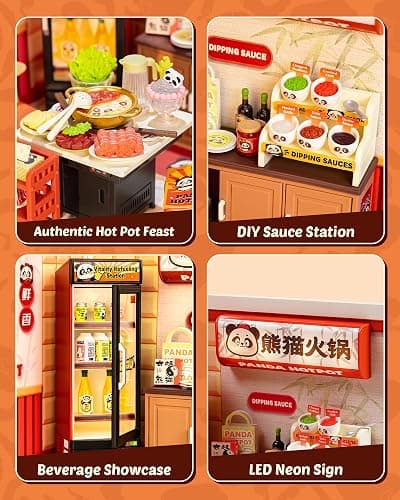 Rolife Super Creator Series, DIY Mini Panda Hot Pot Dollhouse House Kit, Bulid Scenary for Action Collectible Figures, Creative Gifts for Women Adults thumbnail 5