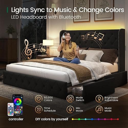 LARMACE King Size Bed Frame with LED Lights and 4 Storage Drawers Velvet Upholstered Platform Bed Frame with 47.2" Tall Tufted Headboard Wingback, No Box Spring Needed, Easy to Assemble, Black thumbnail 4