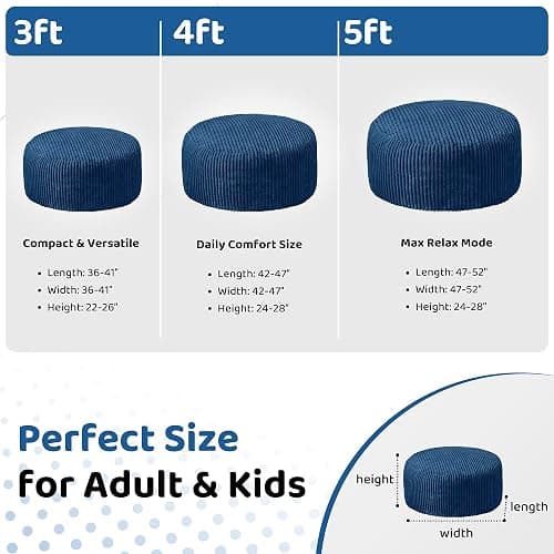 HABUTWAY 5FT Bean Bag Chair, 5' Large Bean Bag Chairs for Adults with Removable Stripe Plush Cover, Memory Foam Beanbag Chair for Living Room Bedroom Dorm (Blue) thumbnail 2