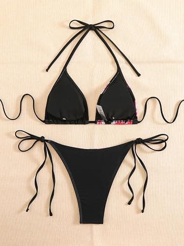 SEGT Women's 2 Piece Floral Print Halter Neck Tie Bikini Set Triangle String Thong Swimsuit Summer Bathing Suits for Women thumbnail 2