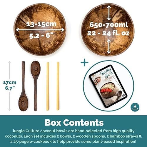 Jungle Culture 2 Polished Coconut Bowl and Wooden Spoons Set with Bamboo Straws • Natural Coconut Smoothie Bowls • Healthy Choice Coco Shell Acai & Buddha Bowls • Eco Friendly Vegan Gifts thumbnail 3