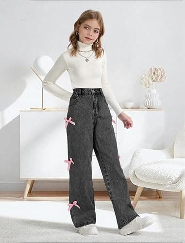 Peakpride Baggy Jeans for Girls Wide Leg High Elastic Waisted Cute Bow Denim Y2k Pant Trendy Boyfriend Skater Streetwear thumbnail 2